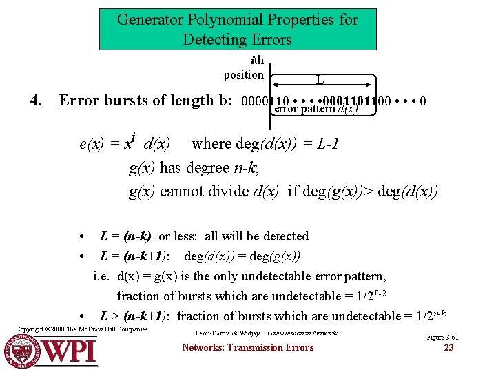 Generator Polynomial Properties for Detecting Errors ith position L 4. Error bursts of length