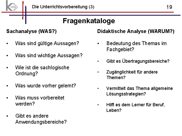 Die Unterrichtsvorbereitung (3) 19 Fragenkataloge Sachanalyse (WAS? ) Didaktische Analyse (WARUM? ) • Was Die Unterrichtsvorbereitung (3) 19 Fragenkataloge Sachanalyse (WAS? ) Didaktische Analyse (WARUM? ) • Was