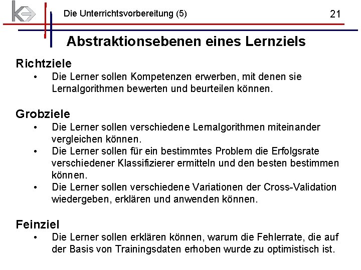 Die Unterrichtsvorbereitung (5) 21 Abstraktionsebenen eines Lernziels Richtziele • Die Lerner sollen Kompetenzen erwerben, Die Unterrichtsvorbereitung (5) 21 Abstraktionsebenen eines Lernziels Richtziele • Die Lerner sollen Kompetenzen erwerben,