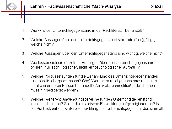 Lehren - Fachwissenschaftliche (Sach-)Analyse 29/30 1. Wie wird der Unterrichtsgegenstand in der Fachliteratur behandelt? Lehren - Fachwissenschaftliche (Sach-)Analyse 29/30 1. Wie wird der Unterrichtsgegenstand in der Fachliteratur behandelt?
