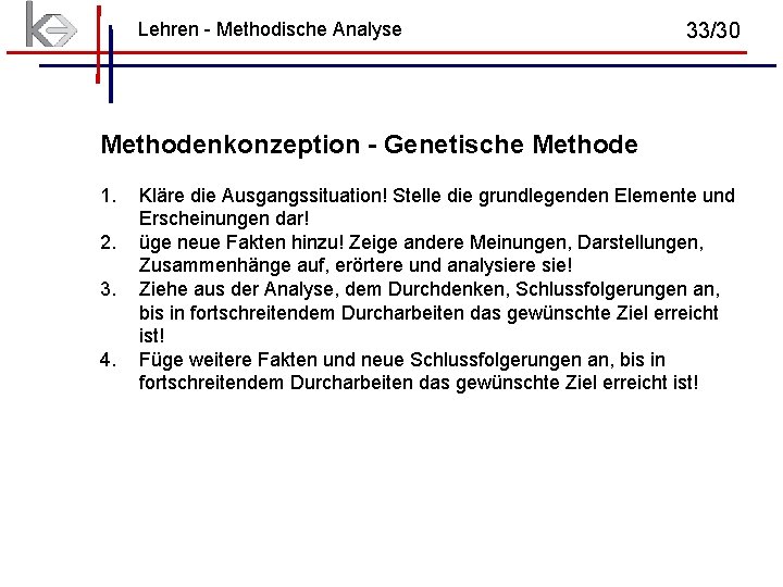 Lehren - Methodische Analyse 33/30 Methodenkonzeption - Genetische Methode 1. 2. 3. 4. Kläre Lehren - Methodische Analyse 33/30 Methodenkonzeption - Genetische Methode 1. 2. 3. 4. Kläre
