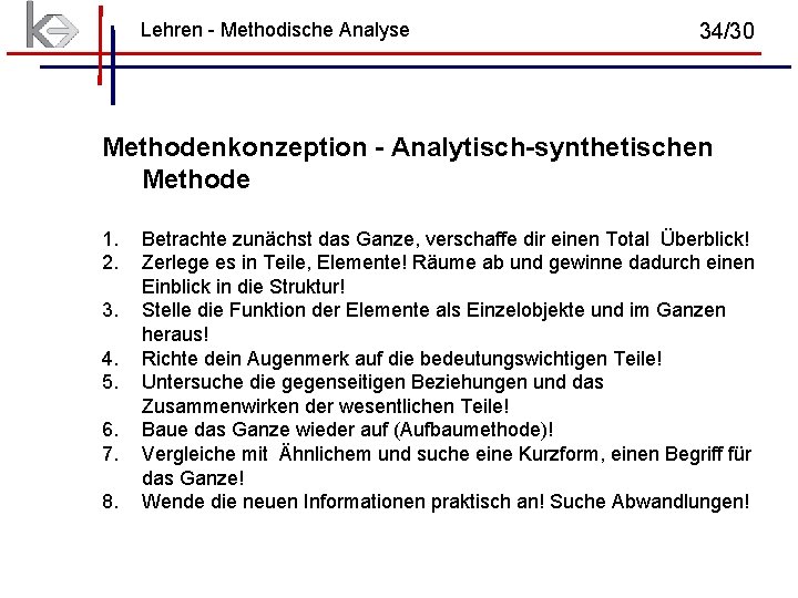 Lehren - Methodische Analyse 34/30 Methodenkonzeption - Analytisch-synthetischen Methode 1. 2. 3. 4. 5. Lehren - Methodische Analyse 34/30 Methodenkonzeption - Analytisch-synthetischen Methode 1. 2. 3. 4. 5.