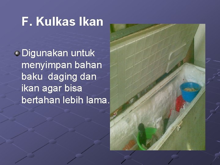 F. Kulkas Ikan Digunakan untuk menyimpan bahan baku daging dan ikan agar bisa bertahan