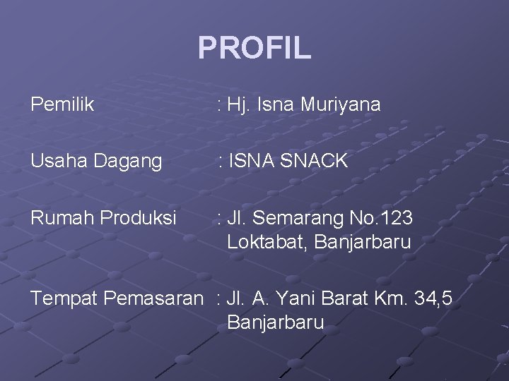 PROFIL Pemilik : Hj. Isna Muriyana Usaha Dagang : ISNA SNACK Rumah Produksi :