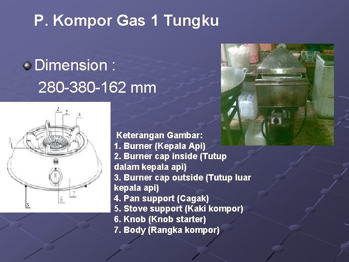 P. Kompor Gas 1 Tungku Dimension : 280 -380 -162 mm Keterangan Gambar: 1.