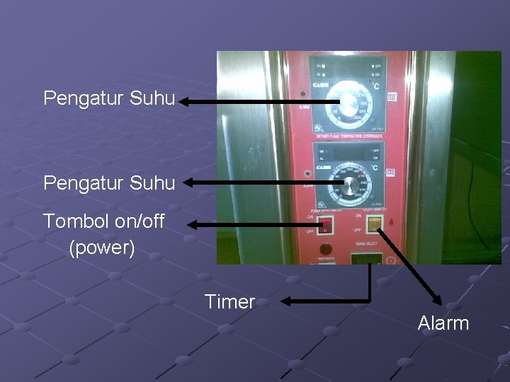 Pengatur Suhu Tombol on/off (power) Timer Alarm 