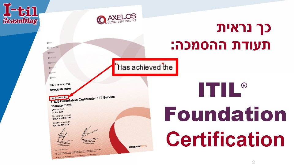  כך נראית : תעודת ההסמכה “ ” ITIL Foundation Certification ® 2 