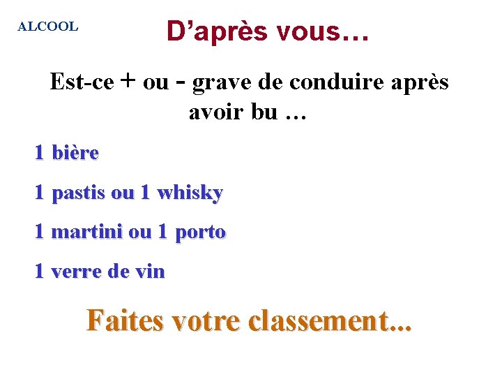 D’après vous… ALCOOL Est-ce + ou - grave de conduire après avoir bu … D’après vous… ALCOOL Est-ce + ou - grave de conduire après avoir bu …