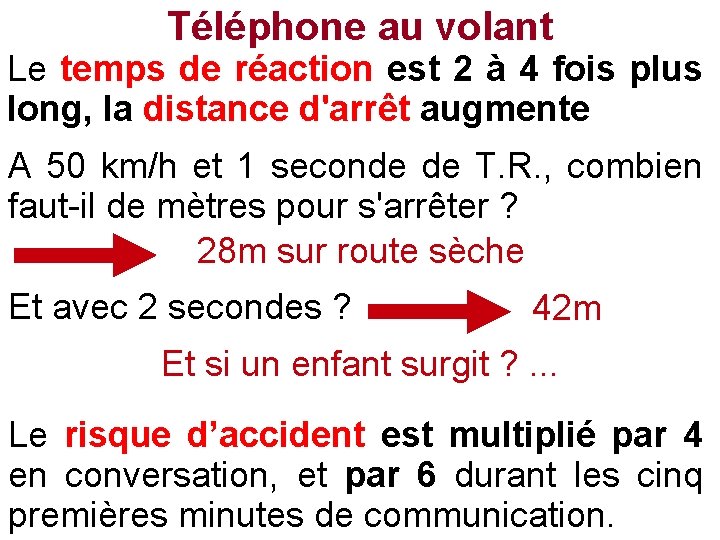 Téléphone au volant Le temps de réaction est 2 à 4 fois plus long, Téléphone au volant Le temps de réaction est 2 à 4 fois plus long,