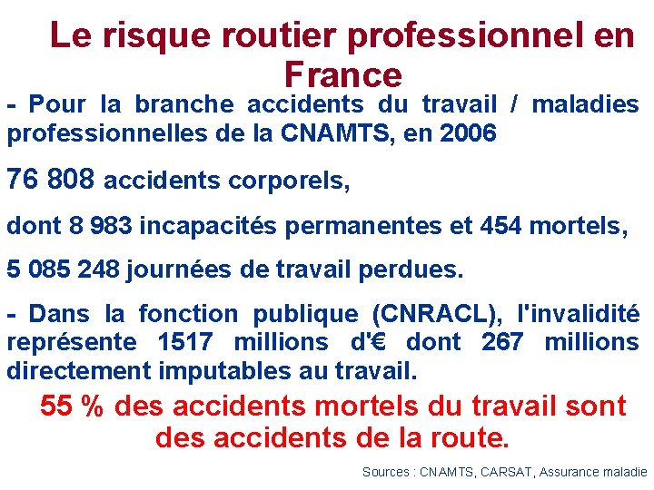 Le risque routier professionnel en France - Pour la branche accidents du travail / Le risque routier professionnel en France - Pour la branche accidents du travail /
