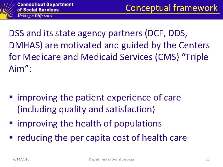 Conceptual framework DSS and its state agency partners (DCF, DDS, DMHAS) are motivated and