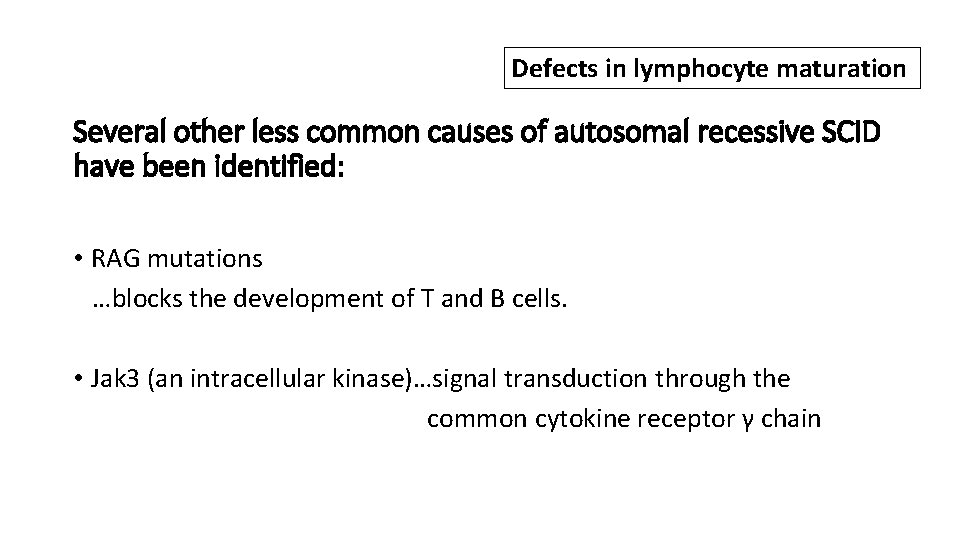 Defects in lymphocyte maturation Several other less common causes of autosomal recessive SCID have