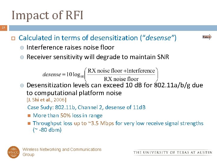 Impact of RFI 21 Calculated in terms of desensitization (“desense”) Return Interference raises noise