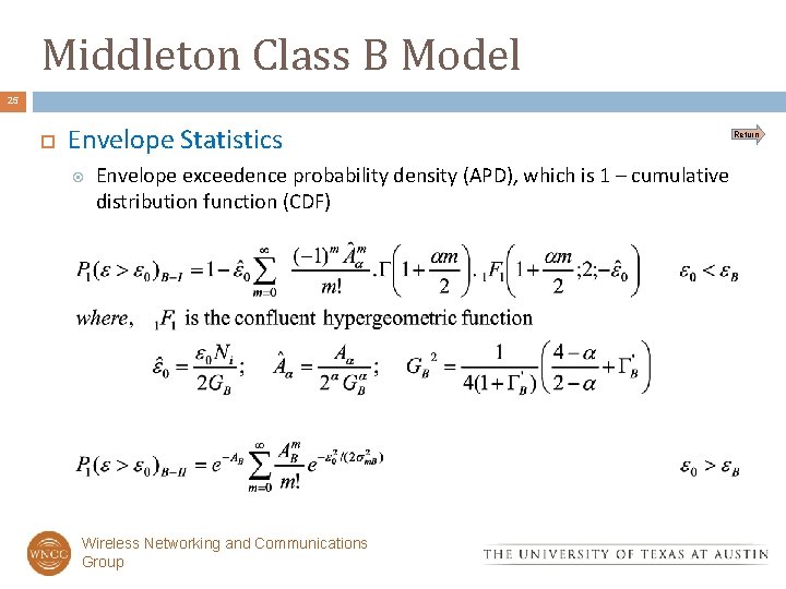 Middleton Class B Model 25 Envelope Statistics Return Envelope exceedence probability density (APD), which