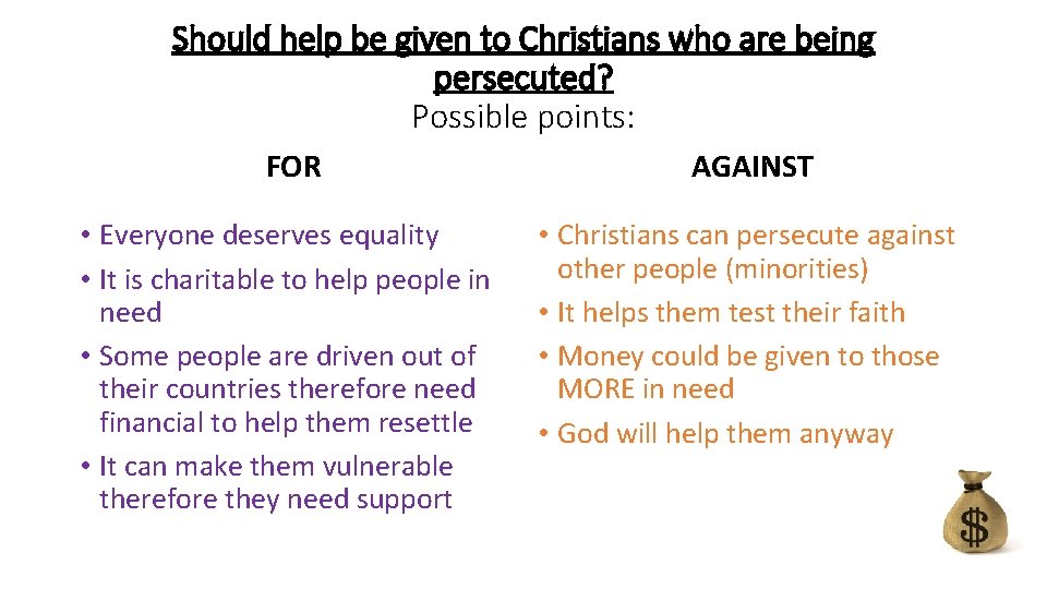 Should help be given to Christians who are being persecuted? Possible points: FOR AGAINST