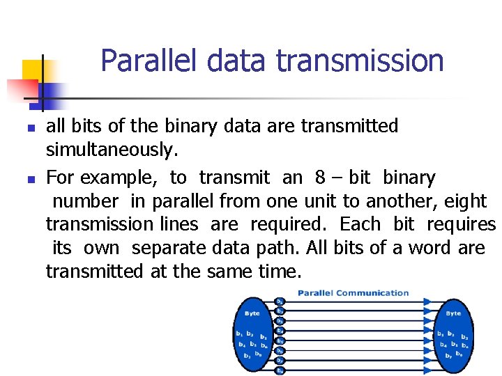 Parallel data transmission n n all bits of the binary data are transmitted simultaneously.