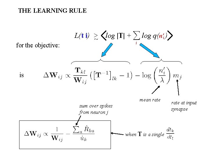 THE LEARNING RULE for the objective: L(t i) > ~ log |T| + ∑