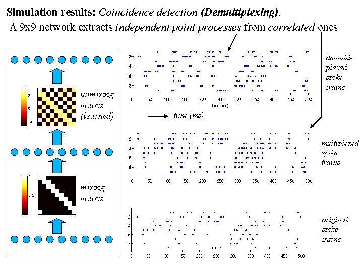 Simulation results: Coincidence detection (Demultiplexing). A 9 x 9 network extracts independent point processes
