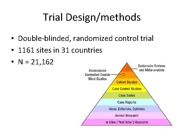 Trial Design/methods • Double-blinded, randomized control trial • 1161 sites in 31 countries •