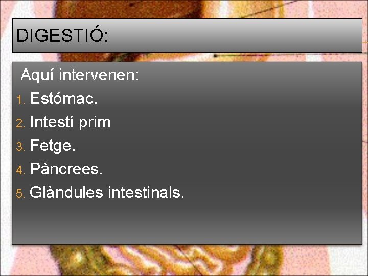 DIGESTIÓ: Aquí intervenen: 1. Estómac. 2. Intestí prim 3. Fetge. 4. Pàncrees. 5. Glàndules