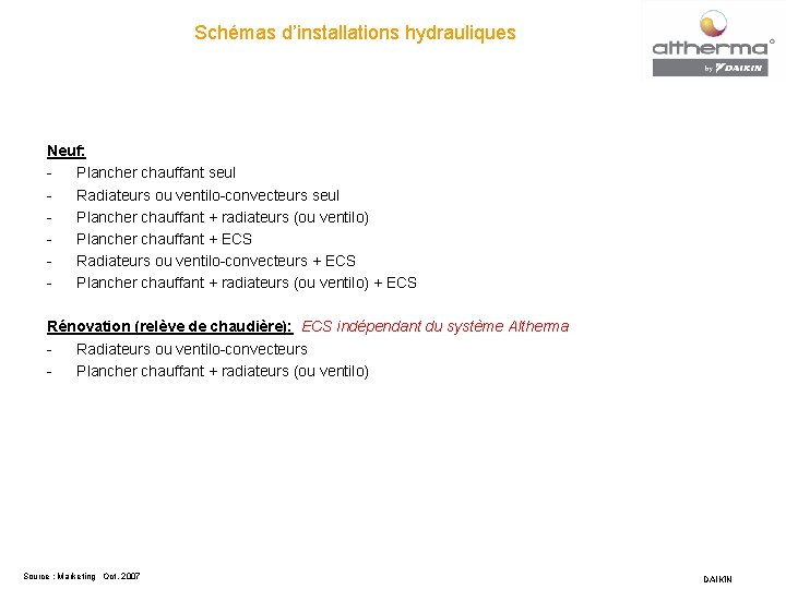 Schémas d’installations hydrauliques Neuf: Plancher chauffant seul Radiateurs ou ventilo-convecteurs seul Plancher chauffant +