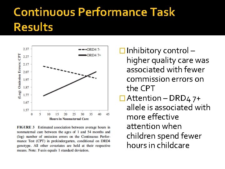 Continuous Performance Task Results � Inhibitory control – higher quality care was associated with