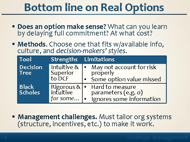 Bottom line on Real Options § Does an option make sense? What can you