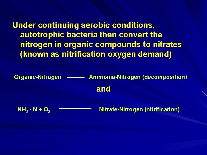 Under continuing aerobic conditions, autotrophic bacteria then convert the nitrogen in organic compounds to