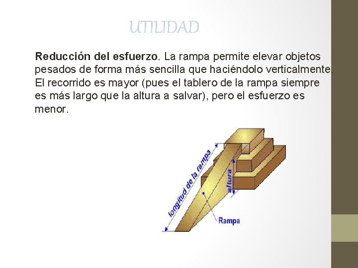UTILIDAD Reducción del esfuerzo. La rampa permite elevar objetos pesados de forma más sencilla UTILIDAD Reducción del esfuerzo. La rampa permite elevar objetos pesados de forma más sencilla