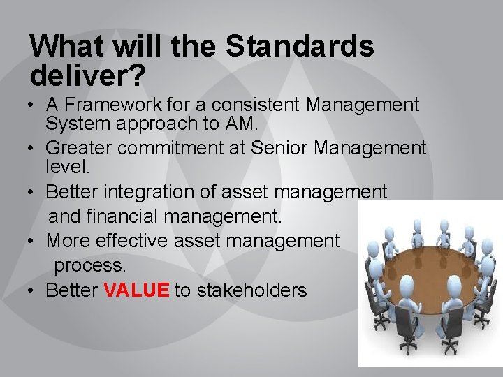 What will the Standards deliver? • A Framework for a consistent Management System approach