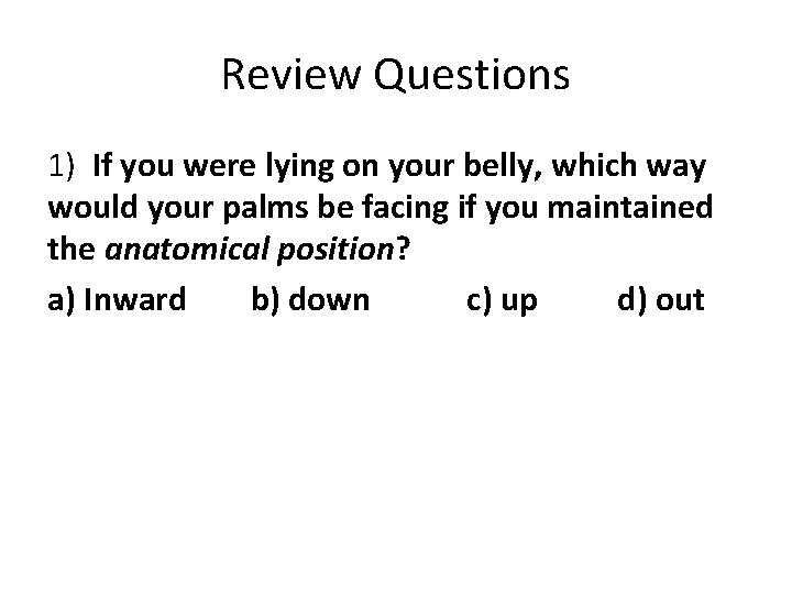 Review Questions 1) If you were lying on your belly, which way would your