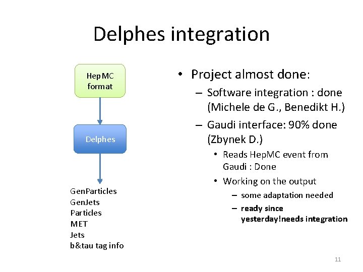 Delphes integration Hep. MC format Delphes Gen. Particles Gen. Jets Particles MET Jets b&tau Delphes integration Hep. MC format Delphes Gen. Particles Gen. Jets Particles MET Jets b&tau