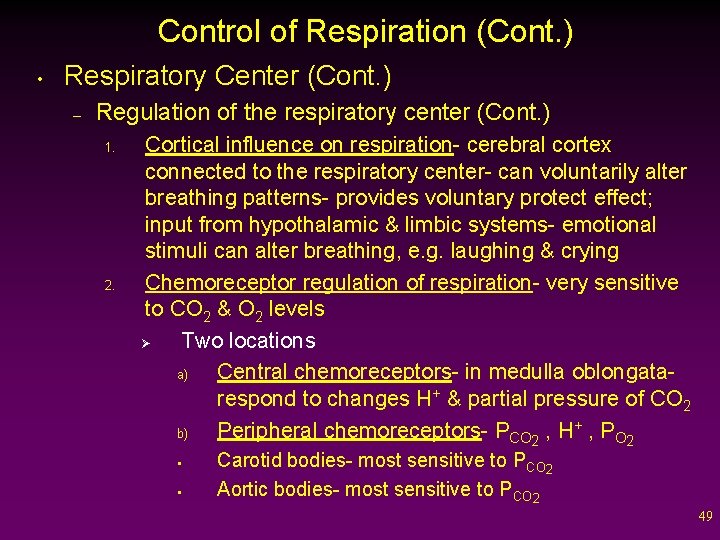 Control of Respiration (Cont. ) • Respiratory Center (Cont. ) – Regulation of the