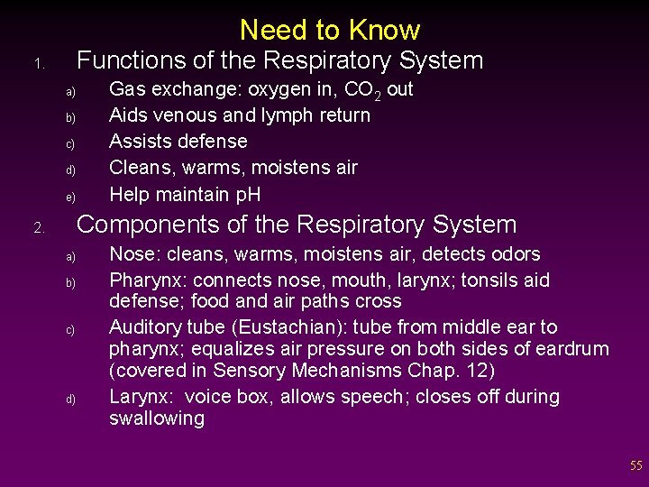 Need to Know Functions of the Respiratory System 1. a) b) c) d) e)