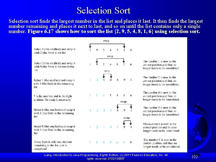 Selection Sort Selection sort finds the largest number in the list and places it