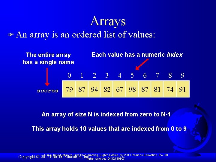 Arrays F An array is an ordered list of values: The entire array has