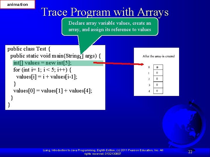 animation Trace Program with Arrays Declare array variable values, create an array, and assign