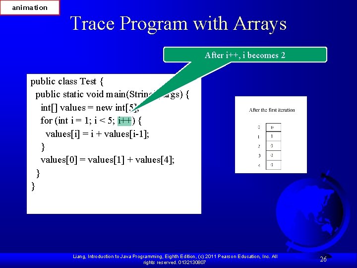 animation Trace Program with Arrays After i++, i becomes 2 public class Test {
