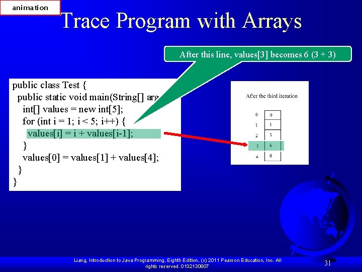 animation Trace Program with Arrays After this line, values[3] becomes 6 (3 + 3)