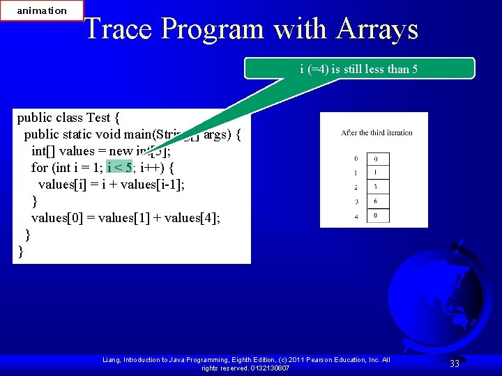 animation Trace Program with Arrays i (=4) is still less than 5 public class