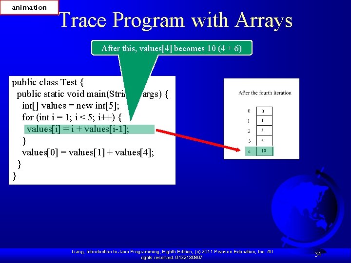 animation Trace Program with Arrays After this, values[4] becomes 10 (4 + 6) public