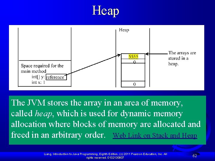 Heap The JVM stores the array in an area of memory, called heap, which