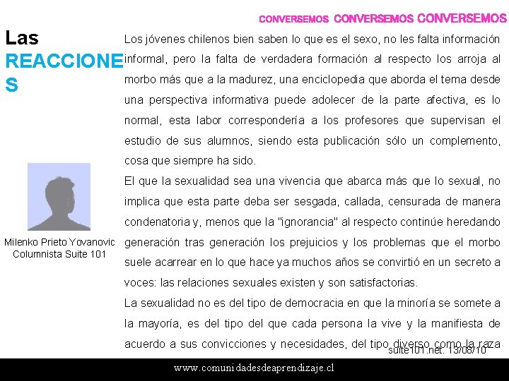 CONVERSEMOS Los jóvenes chilenos bien saben lo que es el sexo, no les falta