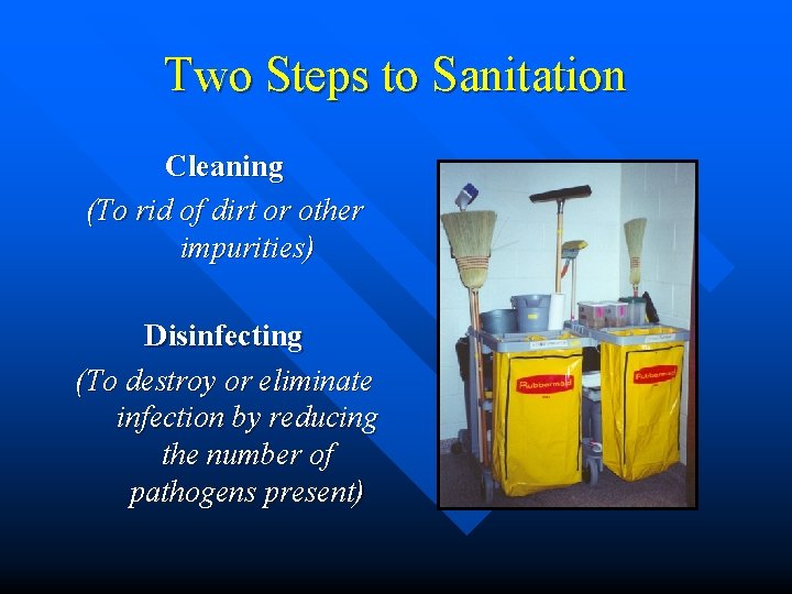 Two Steps to Sanitation Cleaning (To rid of dirt or other impurities) Disinfecting (To