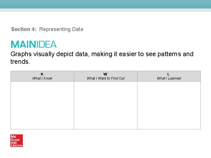 Section 4: Representing Data Graphs visually depict data, making it easier to see patterns