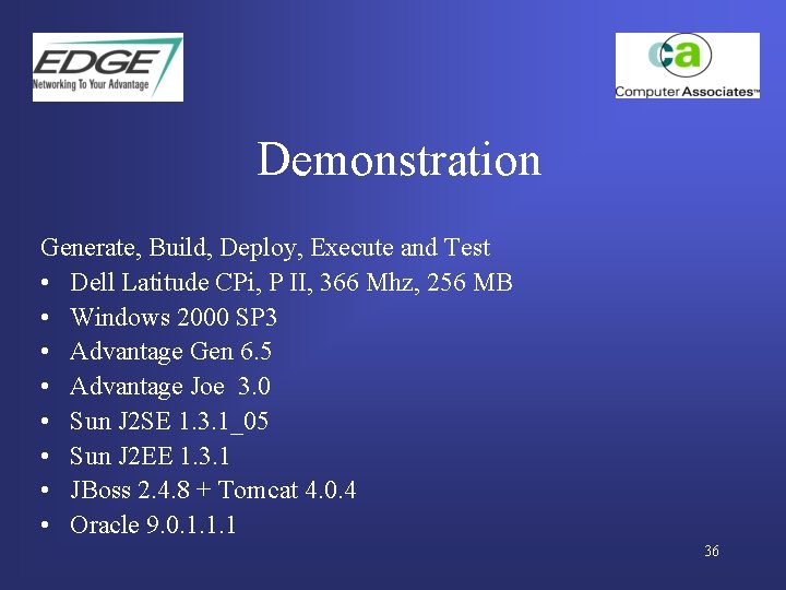 Demonstration Generate, Build, Deploy, Execute and Test • Dell Latitude CPi, P II, 366