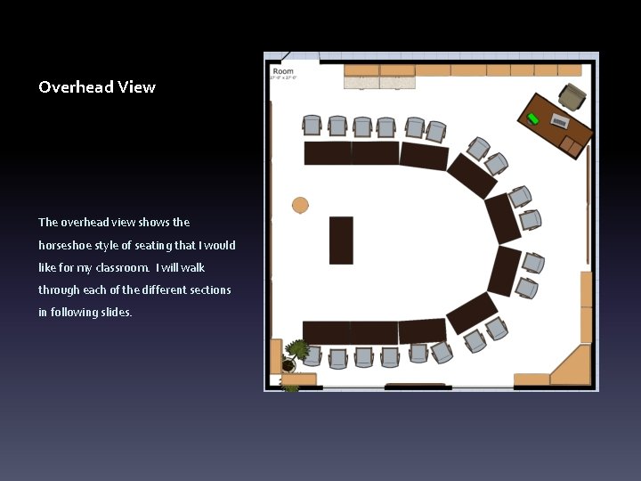 Overhead View The overhead view shows the horseshoe style of seating that I would