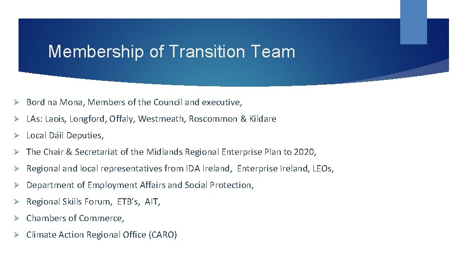 Membership of Transition Team Ø Bord na Mona, Members of the Council and executive,