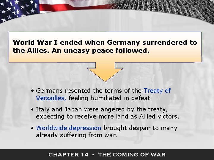 World War I ended when Germany surrendered to the Allies. An uneasy peace followed.