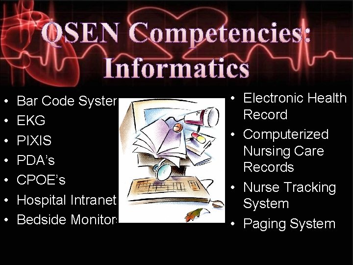 QSEN Competencies: Informatics • • Bar Code System EKG PIXIS PDA’s CPOE’s Hospital Intranet